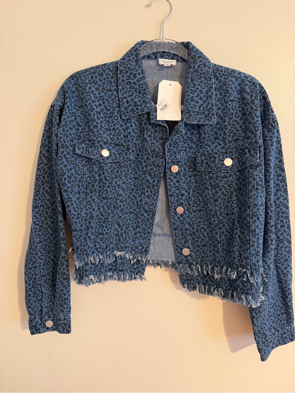 Le Lis Blue Leopard Print Cropped Denim Jacket - NWT - Size Medium
